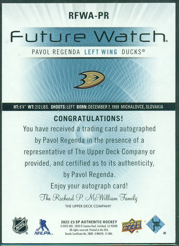 2022-23 SP AUTHENTIC Future Watch Retro RFWA-PR PAVOL REGENDA RC Auto 412/599 - Image 2 of 2