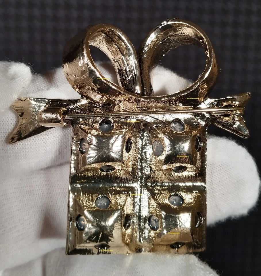 Caja de regalo vintage cristal estrás azul moño broche prendedor y bolsa dorada - VIDEO Foto 3 de 4