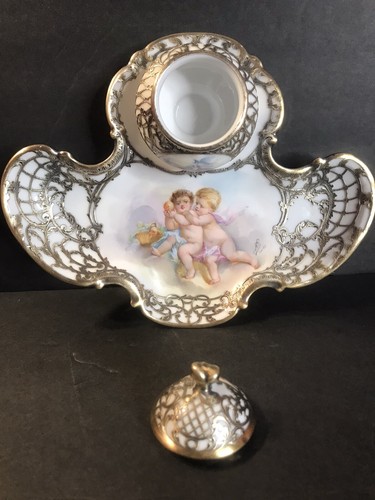 Antique Sevres porcelain inkwell/Silver Overlay/Signed/3 miniature/France/Desk - Picture 10 of 12