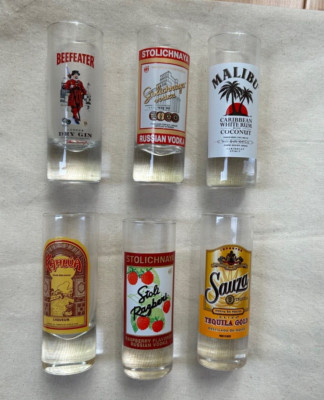 Brand New Set of 6 Shooters/Shot Glasses~ Malibu/Kahlua/Stoli/Beefeater/Sauze