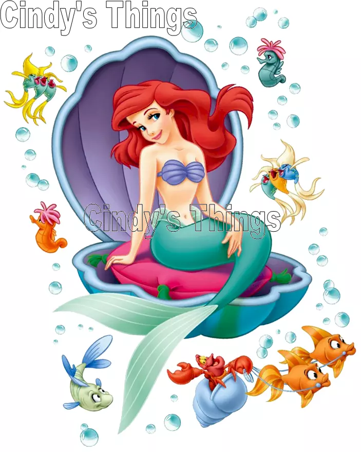 Ariel Little Mermaid in Shell Iron on Transfer 8x10- 5x6 -3x3 light fabric