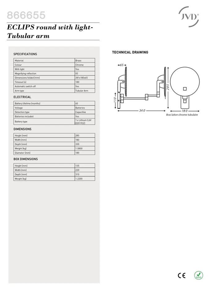 JDV ECLIPS round Mirror with light Tubular arm - Image 4 of 4