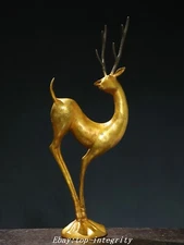14.5" Old China Dynasty Bronze Gilt Fengshui Sika Spotted Deer Beast Statue