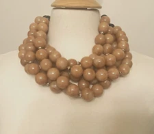 Gorgeous Modernistic Multi Strand Beige Resin Necklace Rhinestone Rondelles