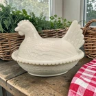 VTG Opaque White Milk Indiana Glass Hen On Nest Covered Oval Dish Farmhouse 7"