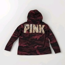 PINK by Victorias Secret Hoodie Womens Large Burgundy Camouflage Bling Sherpa R2
