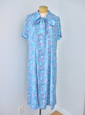 Vtg 70s Blue Pink Ditsy Floral House Day Dress Pussy Bow Front TALON Zip L/XL
