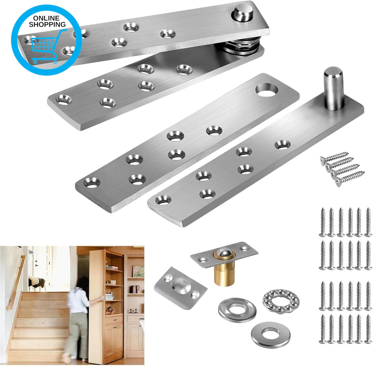Hidden Pivot Hinge for Door, 300LBS Load-Bearing Heavy Duty Hardware for Bookcas