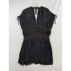Free People Smocked Embroidered Mini Dress Womens Medium Black V-Neck Boho Tie