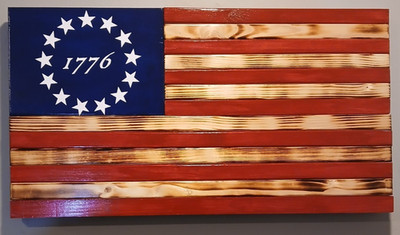 WOODEN AMERICAN FLAG RUSTIC BETSY ROSS 13 STAR 1776  IN STOCK 25'' X 13.5''