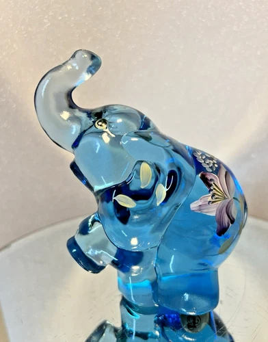 Fenton Art Glass Clear Blue Elephant Figurine Raised Trunk Floral Design Signed