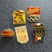 5 Vintage Olympics Pins Lot Coca-Cola M&M Mars, Minute Maid, Evian, Mastercard