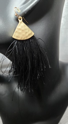 Black tassel earrings with hammered metal tops