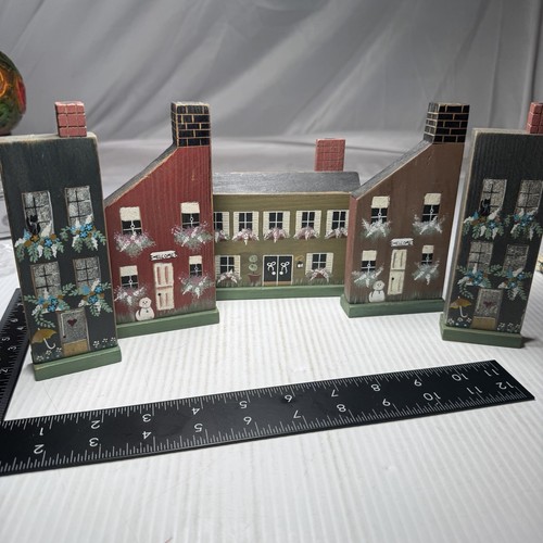 Primitive Wooden Block House Hand Painted Folk Art Miniature Blue Green Red 5pcs