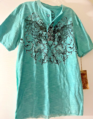 Modern Culture Men Shirt Size S Graphic Tee S-Sleeve Pullover Aqua/Black Cotton