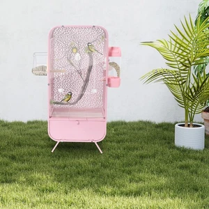 Wrought Iron Bird Cage Indoor Parrot Cages Bird Cage with Clear Door Pink