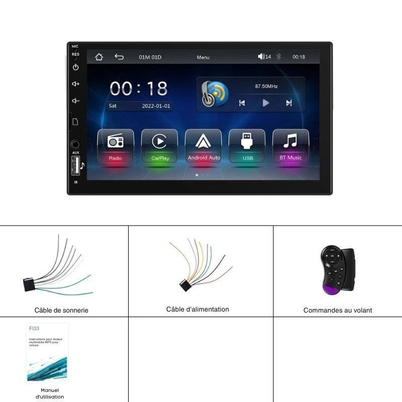 Autoradio 1 DIN 7” HD – Apple CarPlay & Android Auto – Bluetooth – Écran tactile - Photo 3/4