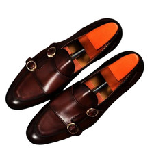 Handmade Brown Double Monk Strap Casual Office Real Leather Dress Shoes For Men