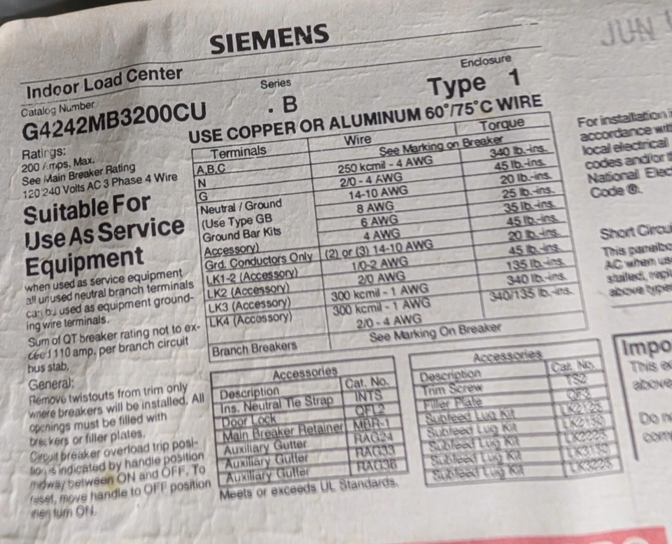 🤪 SIEMENS 200 AMP LOAD CENTER 120/240 VAC 3Ø 4W G4242MB3200CU - Image 3 of 4