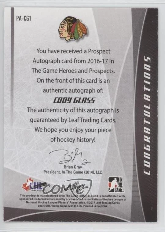 2016-17 Leaf ITG Heroes & Prospects Prospect Red /25 Cody Glass #PA-CG1 Auto - Image 2 of 2