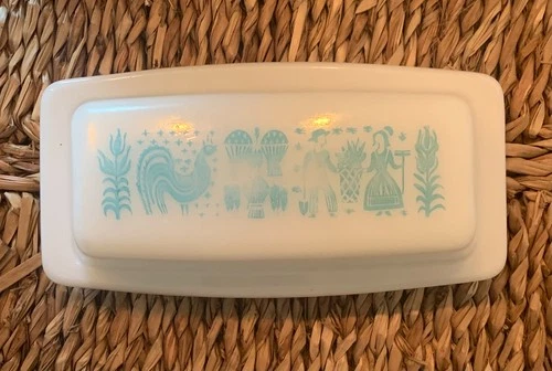 Vintage Pyrex Butter Dish and Lid/White and Turquoise