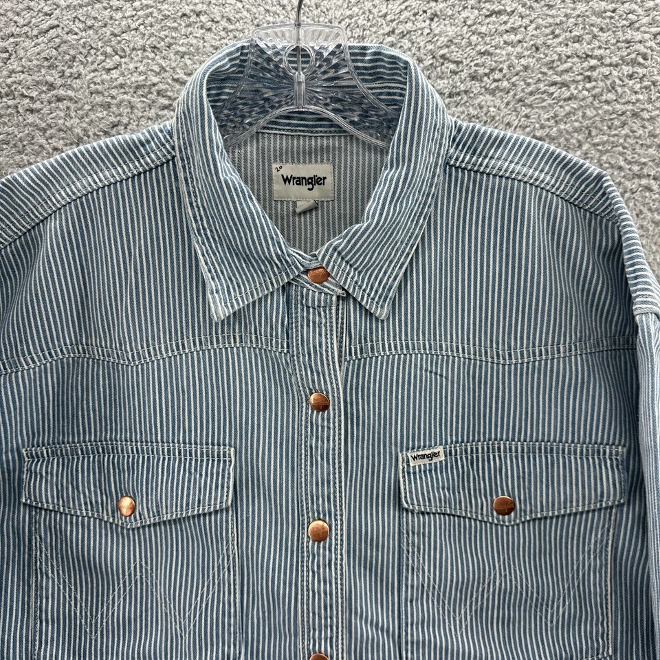 Chaqueta Wrangler Mujer Mediana M Azul Nogal Rayas Tareas Denim Camisa Chaqueta Foto 2 de 4