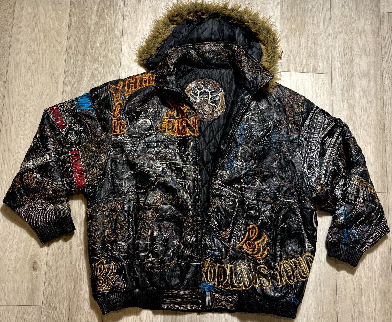 VTG Scarface Leather Embroidered Fur Hood Jacket Black Y2K Men’s 5XL Streetwear