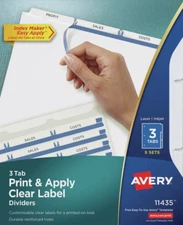 Avery 11435 11" x 8.5" 3-Tab Clear Label Dividers - White/White Tabs (5/PK)(T1)