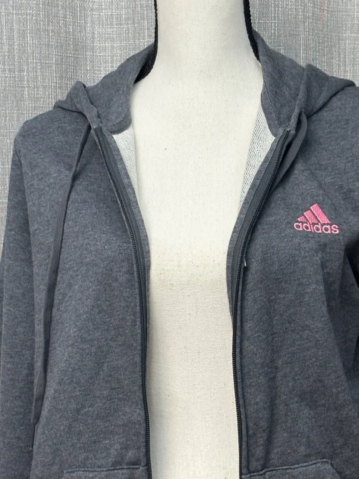 Sudadera con capucha de felpa francesa lineal con cremallera completa Adidas para mujer, gris jaspeado oscuro, talla M Foto 4 de 4