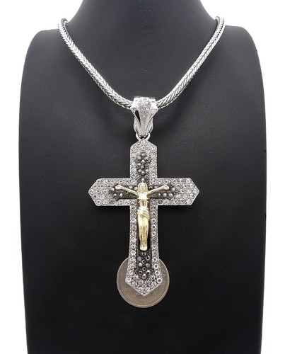 Gold Plated Cubic Zirconia Large Jesus Cross Charm Franco Cuban Chain Necklace - Picture 140 of 165