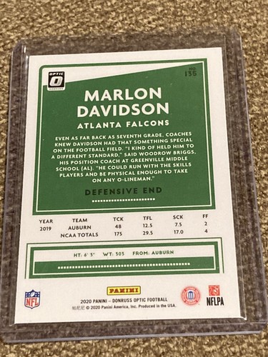 2020 Donruss Optic #135 Marlon Davidson Rookie Card Atlanta Falcons Auburn - Picture 2 of 2