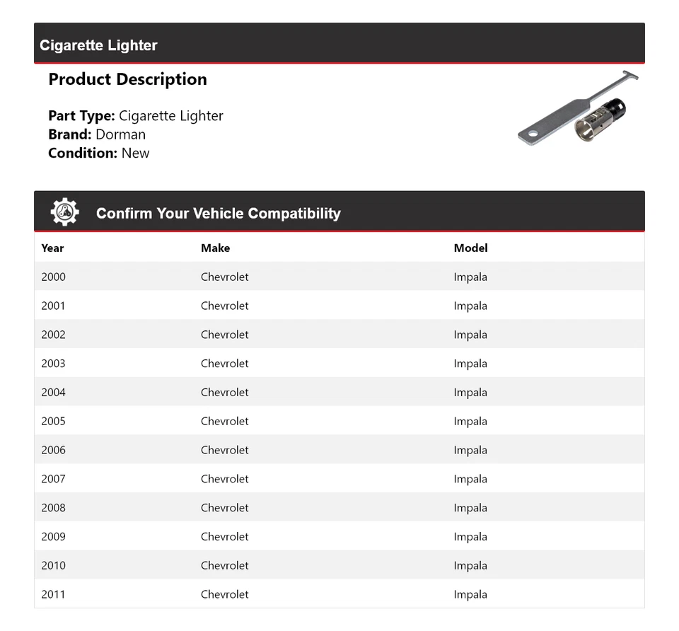 For 2000-2011 Chevrolet Impala Dorman Cigarette Lighter 2001 2002 2003 2004 2005 - Image 2 of 4