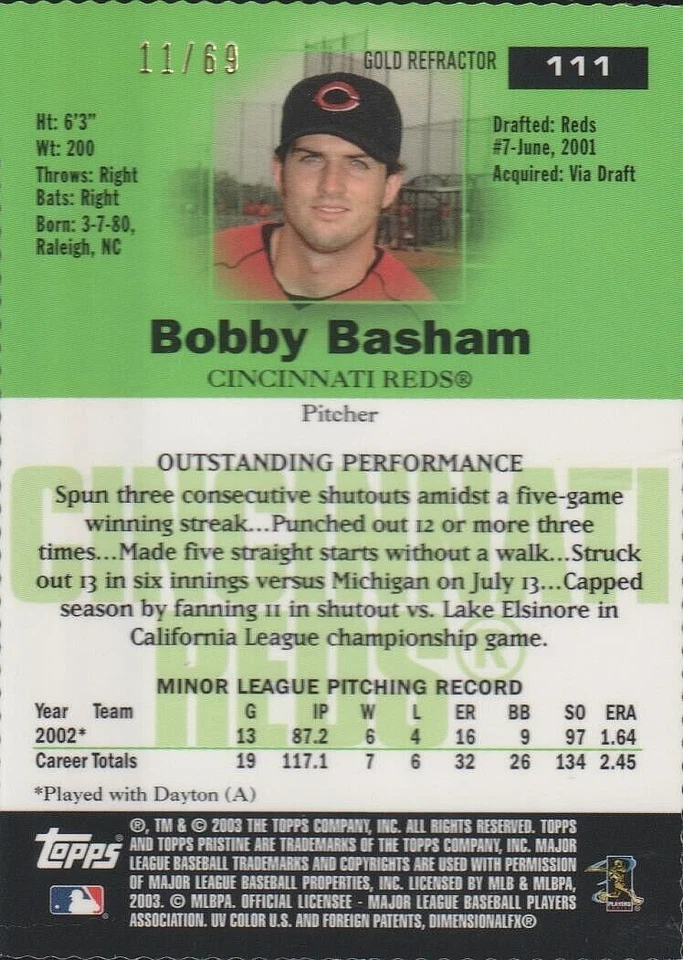 Bobby Basham (Reds) 2003 Topps Pristine SP Gold Die-Cut Refractor RC 11/69 Mint+ - Image 2 of 2