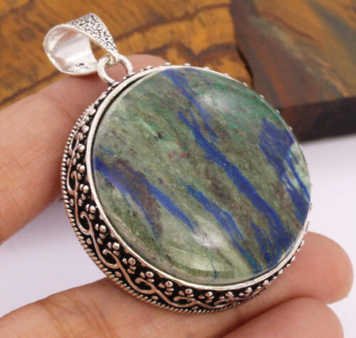 Chrysocolla 925 Silver Plated Handmade Pendant of 1.9" - Picture 1 of 3