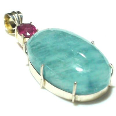 GROSS! 79,75 ct NATUR ERDE ABGEBAUT AQUAMARIN, ROSA RUBIN ANHÄNGER 925 ST-G SILBER.