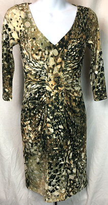 Boston Proper Sheath Dress Green Geo Ombre Ruched Body Con V-neck Knee Length