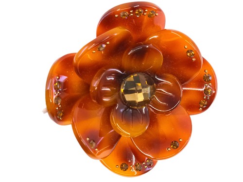 VTG RHINESTONE CRYSTAL JEWELED BROWN CELLULOID ACETATE CAMELLIA FLOWER BROOCH - Picture 7 of 16