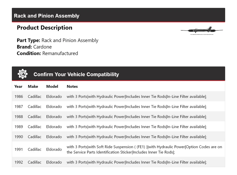 For 1986-1992 Cadillac Eldorado Rack and Pinion Assembly Cardone 1987 1988 1989 - Image 2 of 4