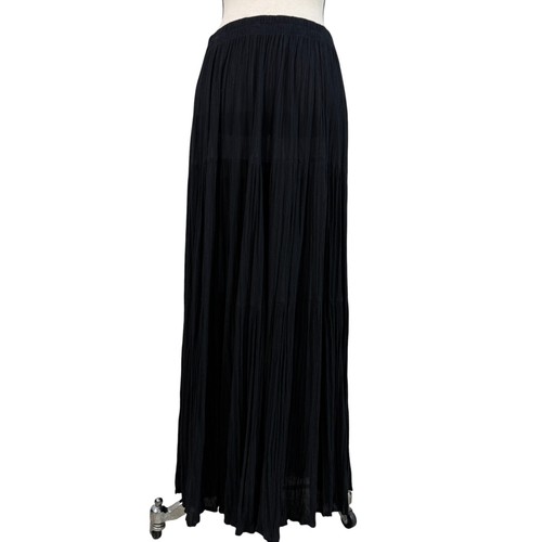 90s Long Black Rayon Crinkle Broomstick Skirt Size Medium - Picture 2 of 5