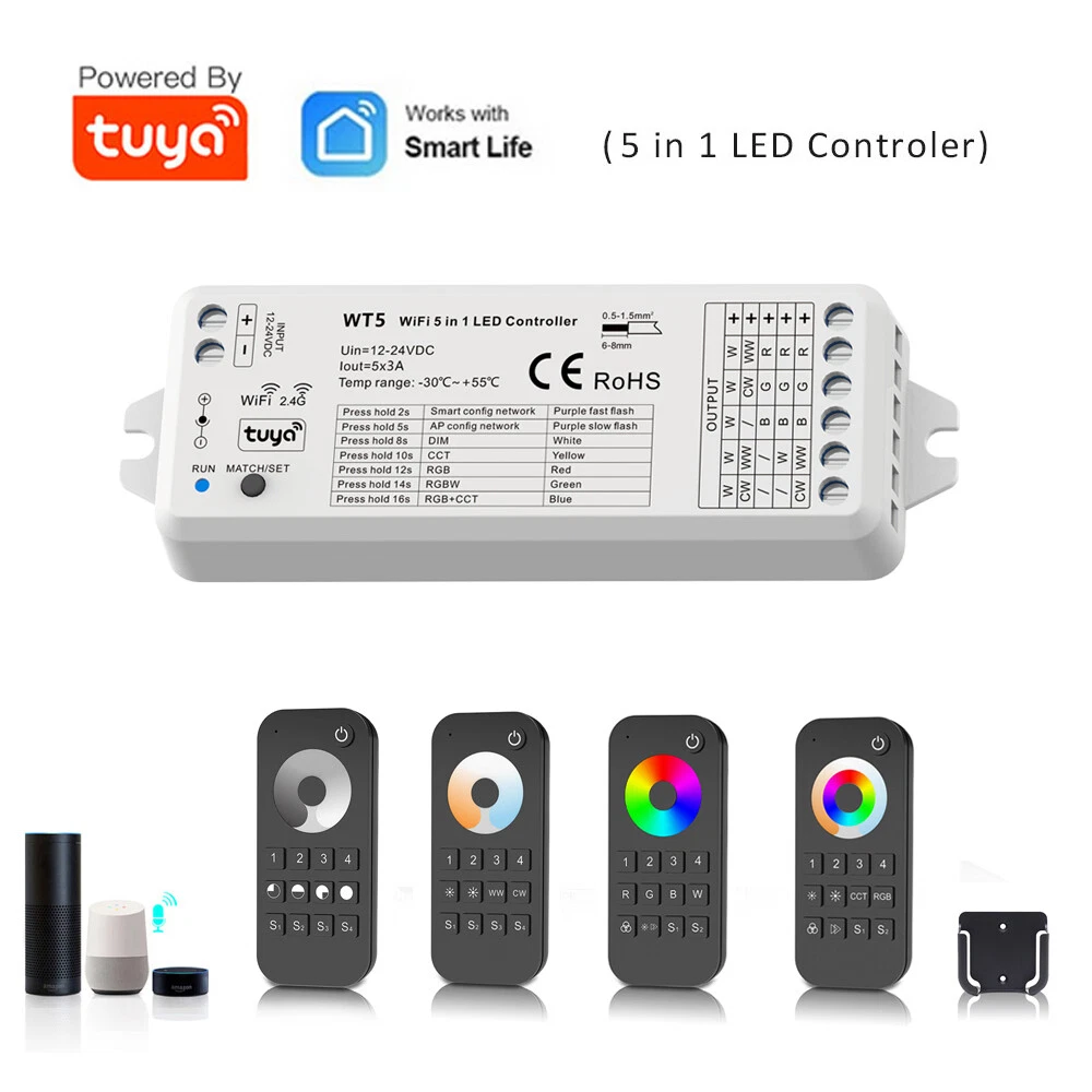 TUYA Smart Life APP 5in1 Wifi Led Controller DC12V 24V RGB RGBW RGBCCT RF Remote