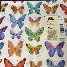 Vintage Butterfly Gift Wrap Paper Butterflies on White Watercolor 2 Sheets NEW