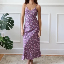 NEW Mille Resort Slip Dress Floral Roma Ruffle Hem Midi Dress Purple Size S