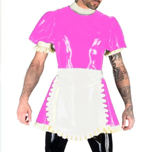 Shiny PVC Leather Short Sleeve A-Line Ruffle Maid Uniform Sissy Cosplay Costume - Picture 7 of 9