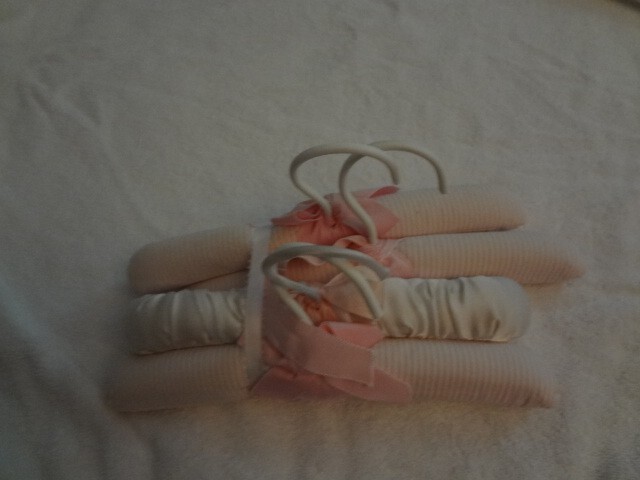 4 10" Pink and White Fabric covered Baby Hangers