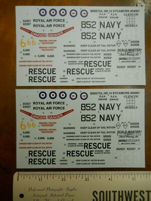 GLENCOE/SCALE-MASTER DECAL SHEETS FOR 1/72TH BRISTOL HR14 SYCAMORE (NEW)