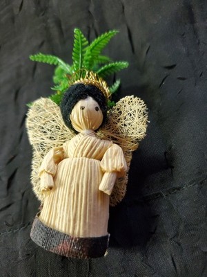 Vntg Christmas Ornament Ethnic Hawaii Corn Husk Angel Tapa Cloth & Palm Tree