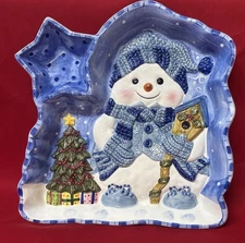 Vtg ‘Holiday Classics’ Hand Painted Snowman Chip & Dip Christmas Platter 13"