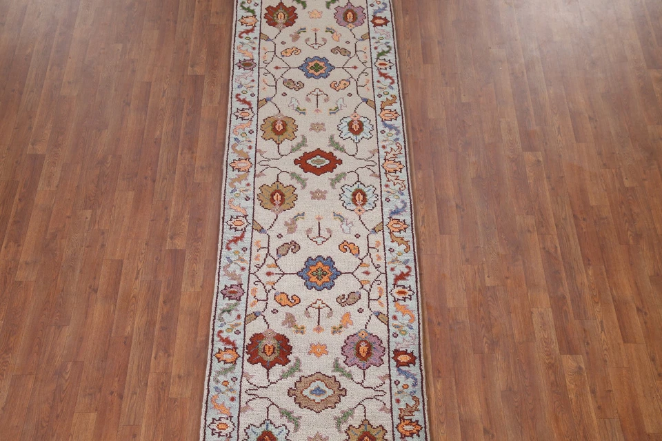 Handmade Transitional Beige Wool Oushak Runner Rug 3x12 Ft Oriental Hallway Rug - Image 4 of 4