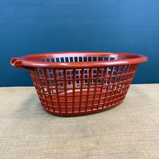 VINTAGE RETRO 1970s RED BURGUNDY HARD PLASTIC OVAL LATTICE LAUNDRY BASKET