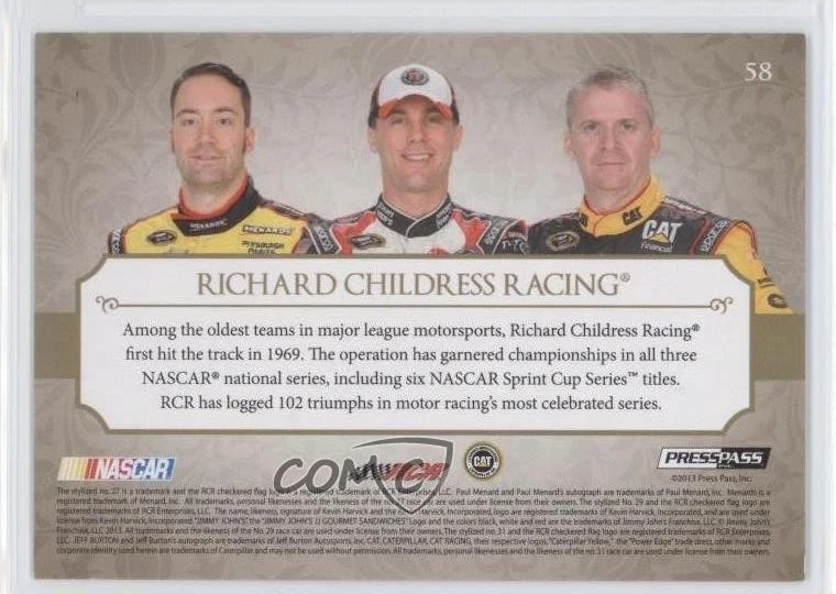 2013 Showcase Classic Collections Gold /99 Paul Menard Kevin Harvick Jeff Burton - Image 2 of 2
